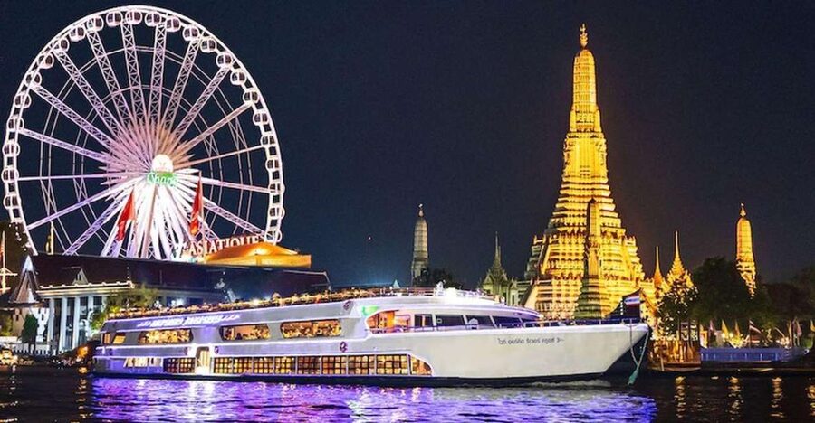 Bangkok: White Orchid Chao Phraya Dinner Cruise free Beer - Wat Arun and the Grand Palace after dark