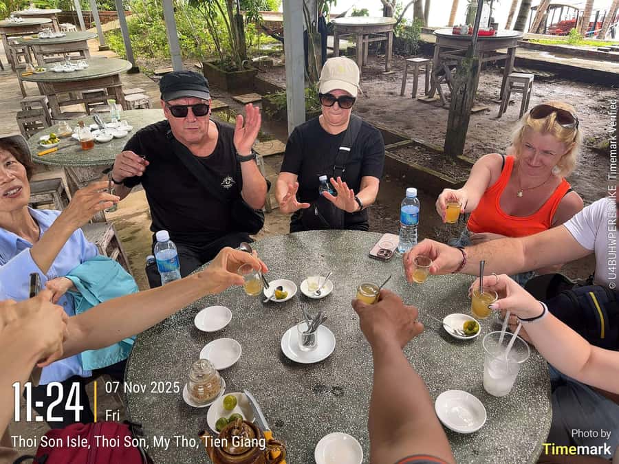 HCM: Authentic Mekong Delta - Boat, TukTuk, Khot Cake Making - Vinh Trang Pagoda sets a calm opening