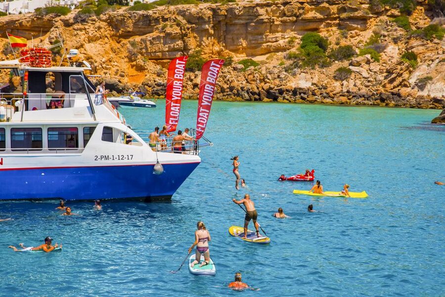 Ibiza: Beach Hopping Cruise w/ Paddleboard, Food, & Drinks - San Antonio departure and the boat setup