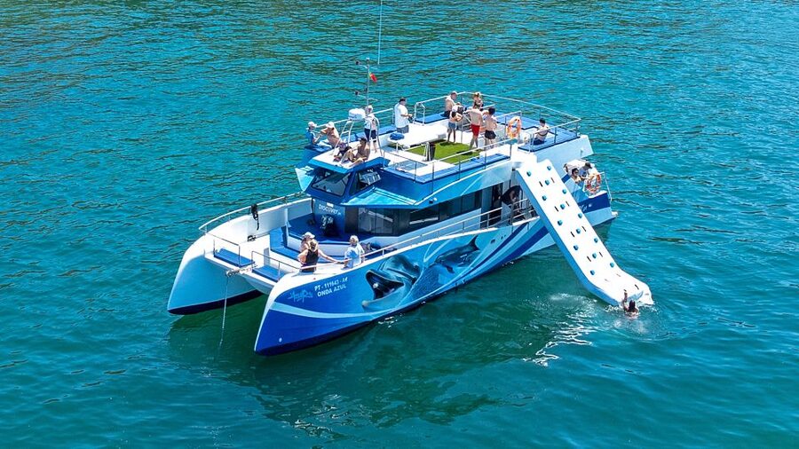 Lagos: Dolphins & Caves - Catamaran - Swimming, jumping, and the inflatable slide