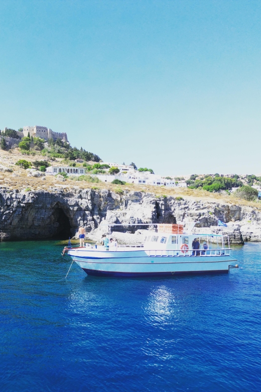 Lindos,Pefkos: All inclusive Swim & Snorkel Boat Cruise - First stop: swimming inside the Lindos cave