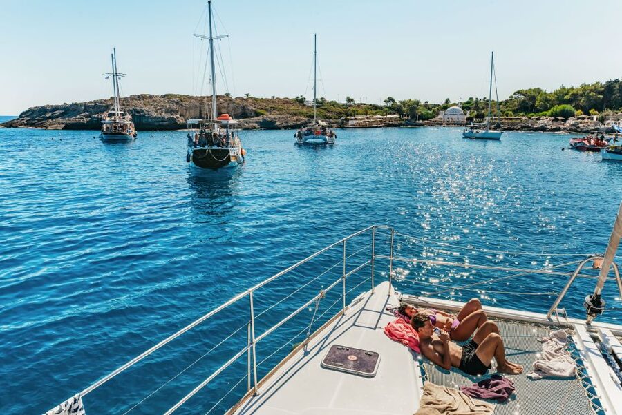 Rhodes: All-Inclusive Catamaran Cruise with Lunch and Drinks - Afandou Beach and caves on the power catamaran