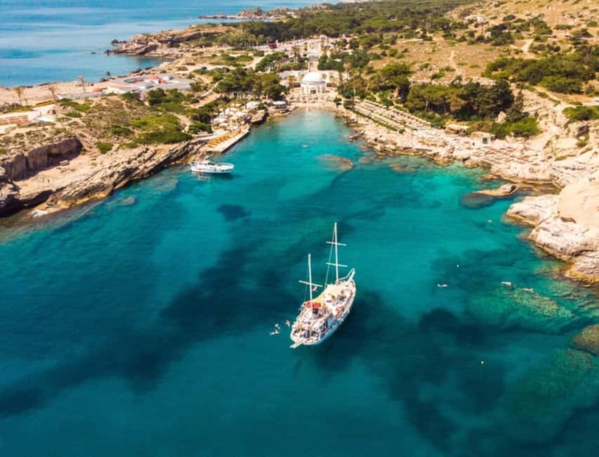 Rhodes: Sunset Cruise with Open Bar, Dinner, & Live Music - Kallithea Bay and the swimming stop