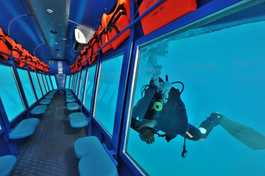 Rhodes Town: Yellow Submarine Cruise with Underwater Views - The diver show and hundreds of fish