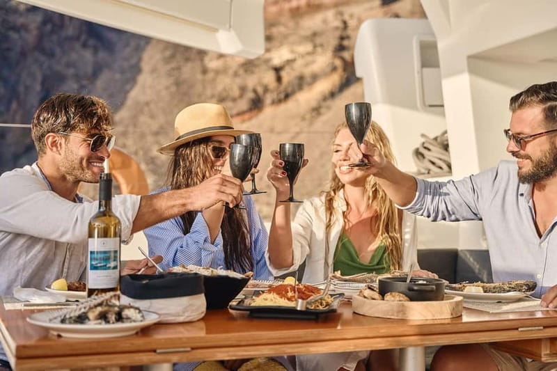 Santorini: Caldera Classic Catamaran Cruise w/ Meal & Drinks - Starting at Vlichada Marina