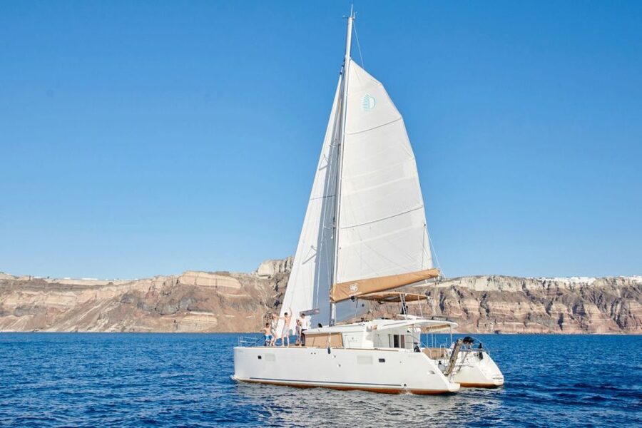 Santorini Gold Catamaran Cruise with Snorkel, BBQ & Open Bar - The caldera from sea level