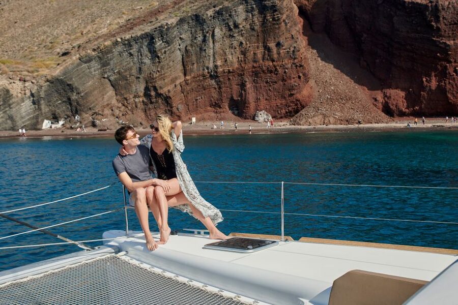 Santorini: Platinum Catamaran Cruise w/ BBQ Meal & Open Bar - Akrotiri, the lighthouse, and the caldera