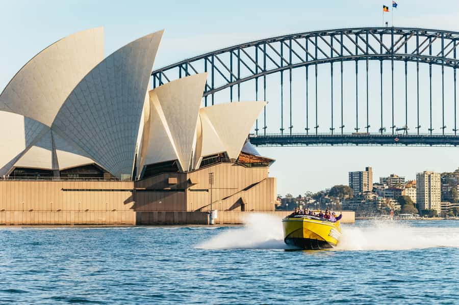 Sydney Harbour: Thunder Thrill Jet Boat Ride - The Opera House and Harbour Bridge appear at speed