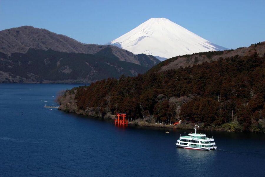 Tokyo: Mt. Fuji 5th Station & Hakone Cruise 1-Day Bus Tour - Cruising Lake Ashi beneath the torii gate